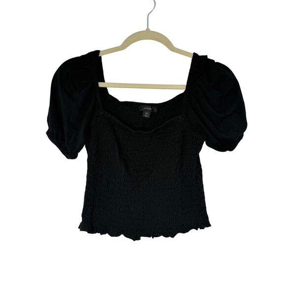 J.Crew Top XS Black Square Neck Cottagecore Spring 2022 Smocked Puff Sleeve - Picture 2 of 8